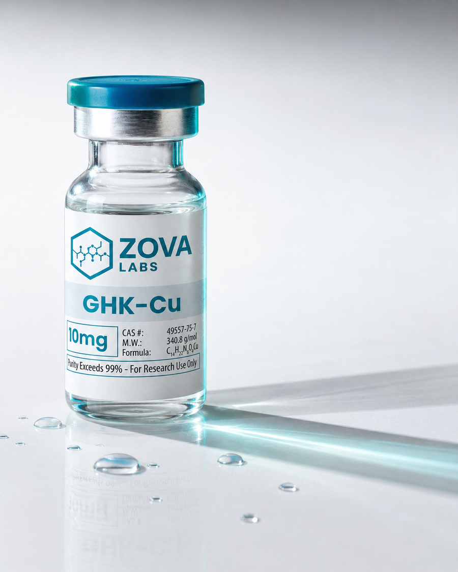 ZOVA Labs research vial, third-party tested to a 99% purity target